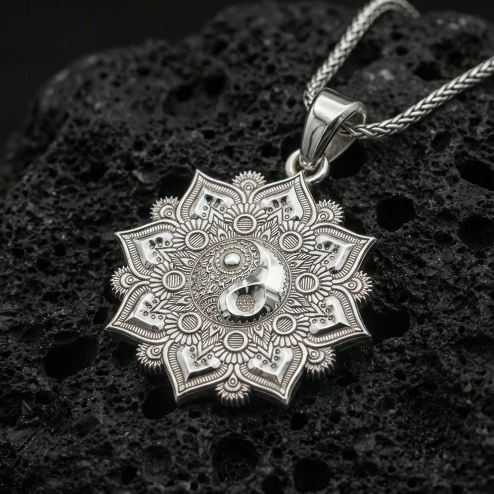 Polished sterling silver yin yang mandala pendant on black volcanic stone, balance harmony talisman, braided chain necklace