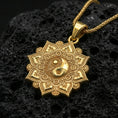 Load image into Gallery viewer, Gold plated yin yang mandala pendant on black volcanic stone, spiritual amulet talisman, braided chain necklace
