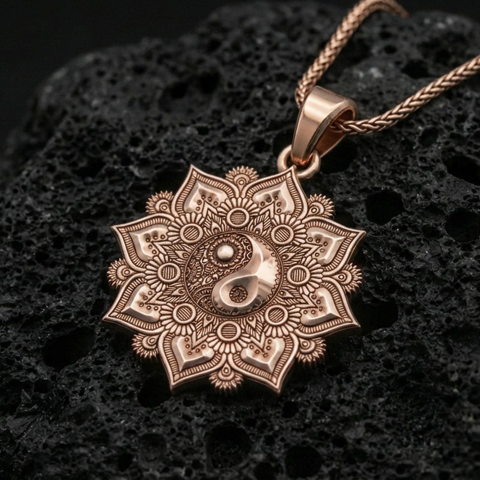 Rose gold plated yin yang mandala pendant on black volcanic stone, balance harmony talisman, braided chain necklace