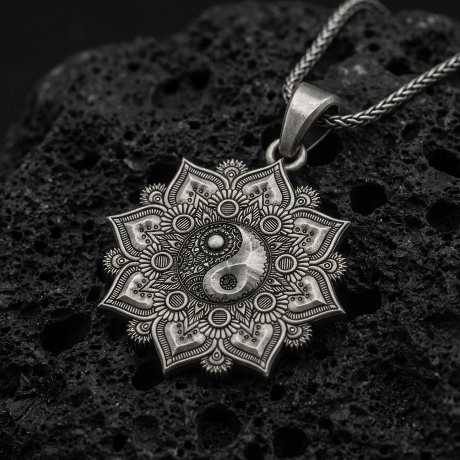 Oxidized sterling silver yin yang mandala pendant on black volcanic stone, spiritual amulet talisman, braided chain necklace