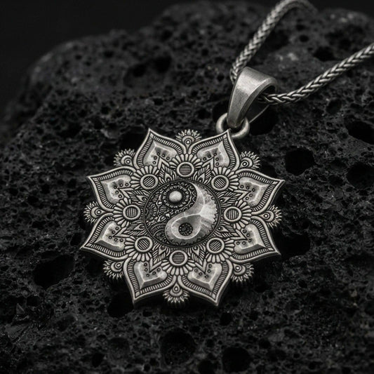 Oxidized sterling silver yin yang mandala pendant on black volcanic stone, spiritual amulet talisman, braided chain necklace