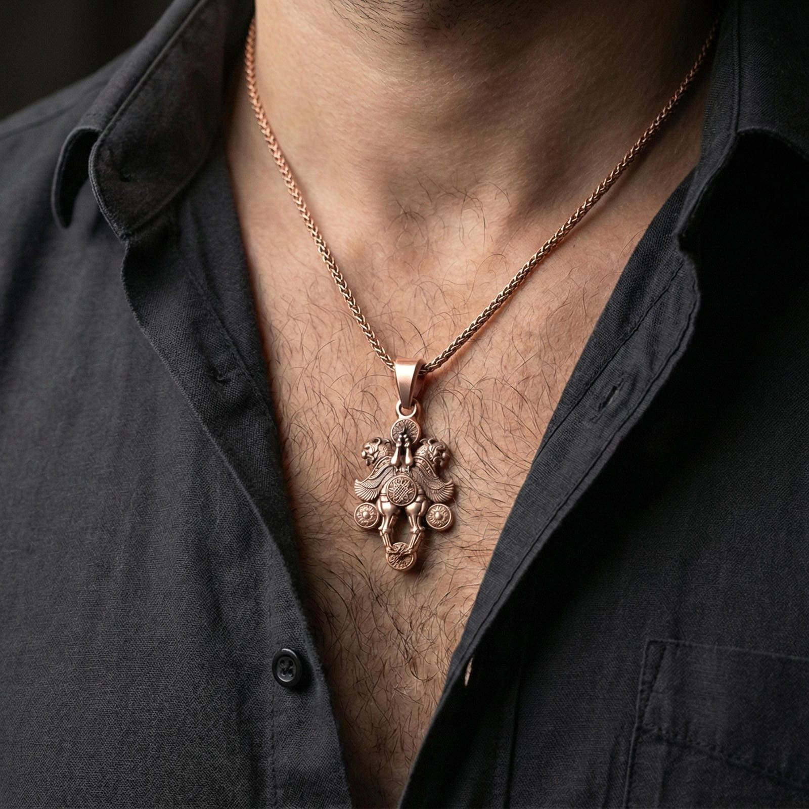 Rose gold plated Assyrian lamassu pendant on a human neck, Assyrian protective beast necklace, braided chain