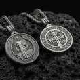 Load image into Gallery viewer, Oxidized sterling silver St. Benedict medallion necklace on black volcanic stone, Catholic protection pendant, braided chain
