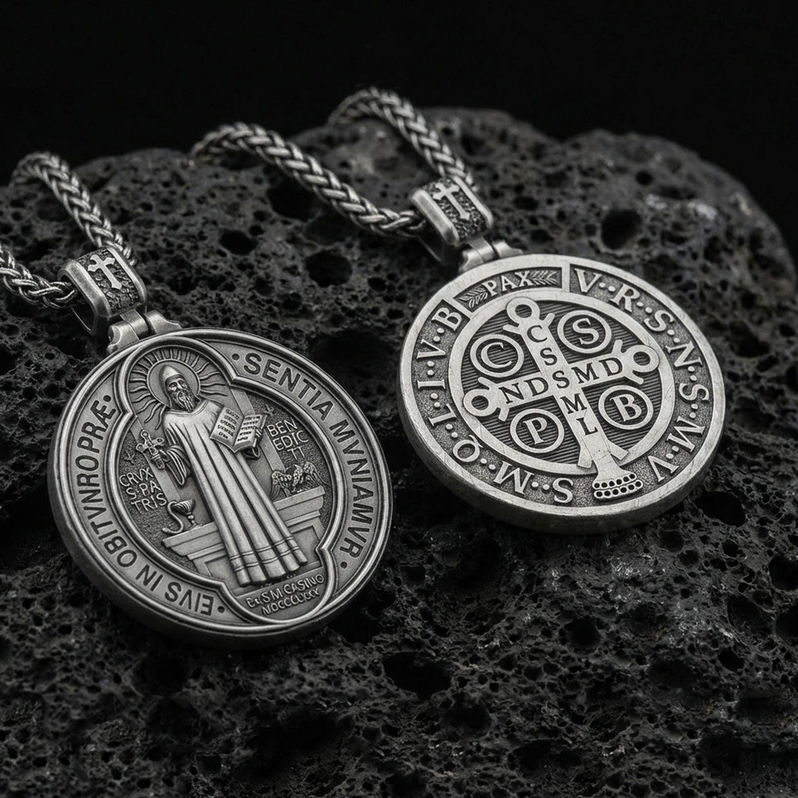 Oxidized sterling silver St. Benedict medallion necklace on black volcanic stone, Catholic protection pendant, braided chain