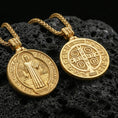 Load image into Gallery viewer, Gold plated St. Benedict medallion necklace on black volcanic stone, religious protection charm pendant, braided chain
