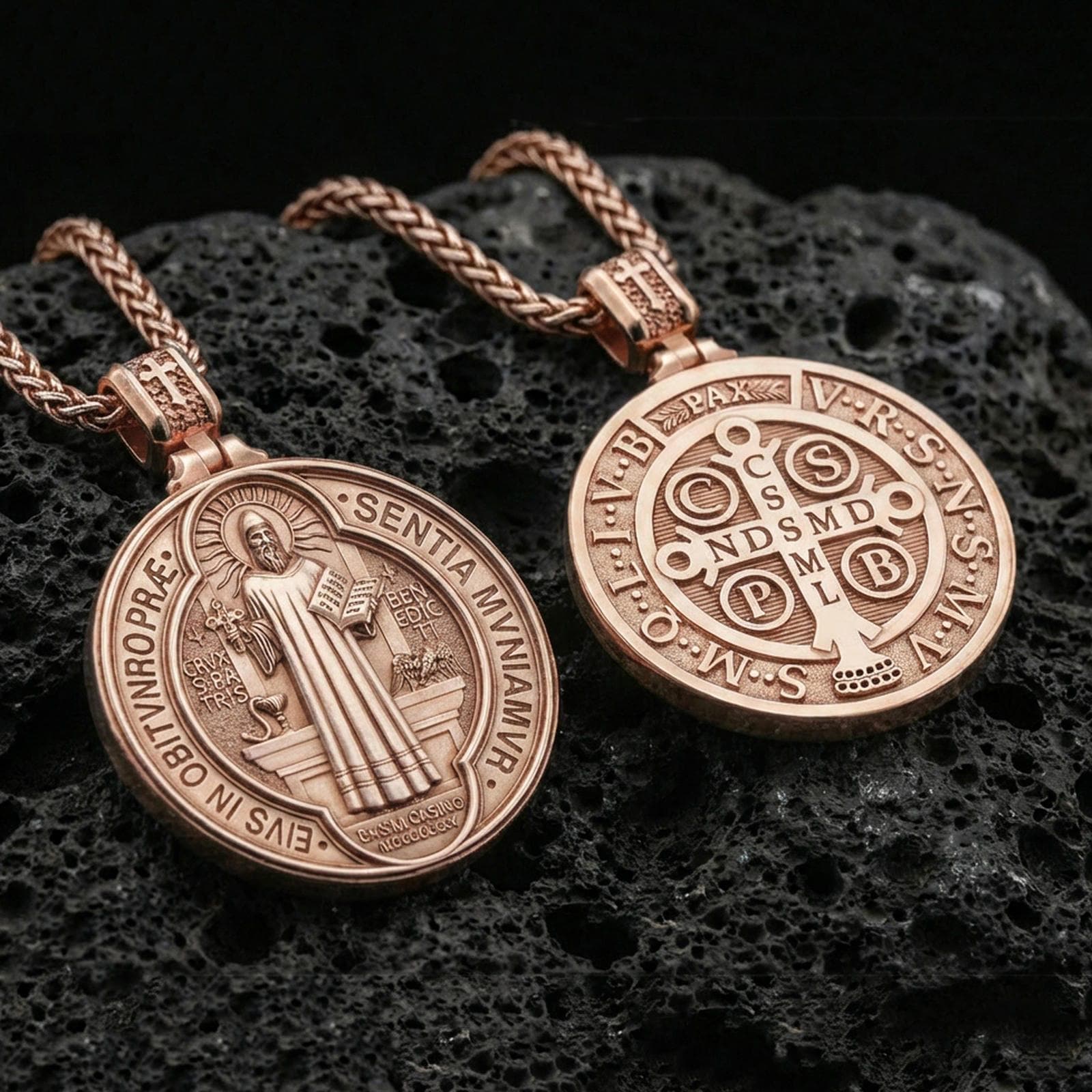 Rose gold plated St. Benedict medal necklace on black volcanic stone, Catholic faith protection pendant, braided chain