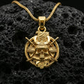 Load image into Gallery viewer, Gold plated samurai skull necklace pendant on volcanic stone, Japanese warrior kabuto helmet and crossed swords detail
