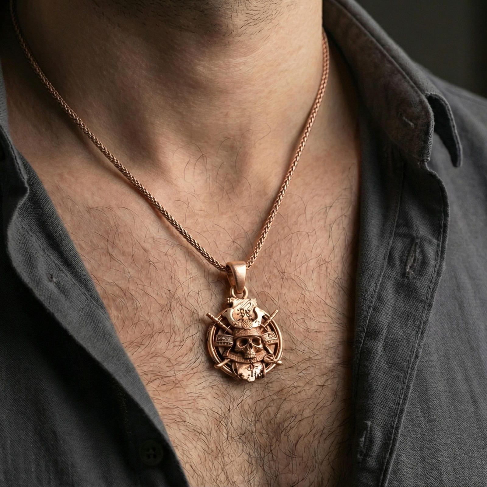 Rose gold plated samurai skull pendant on a human neck, Japanese warrior skull necklace with kabuto helmet detail