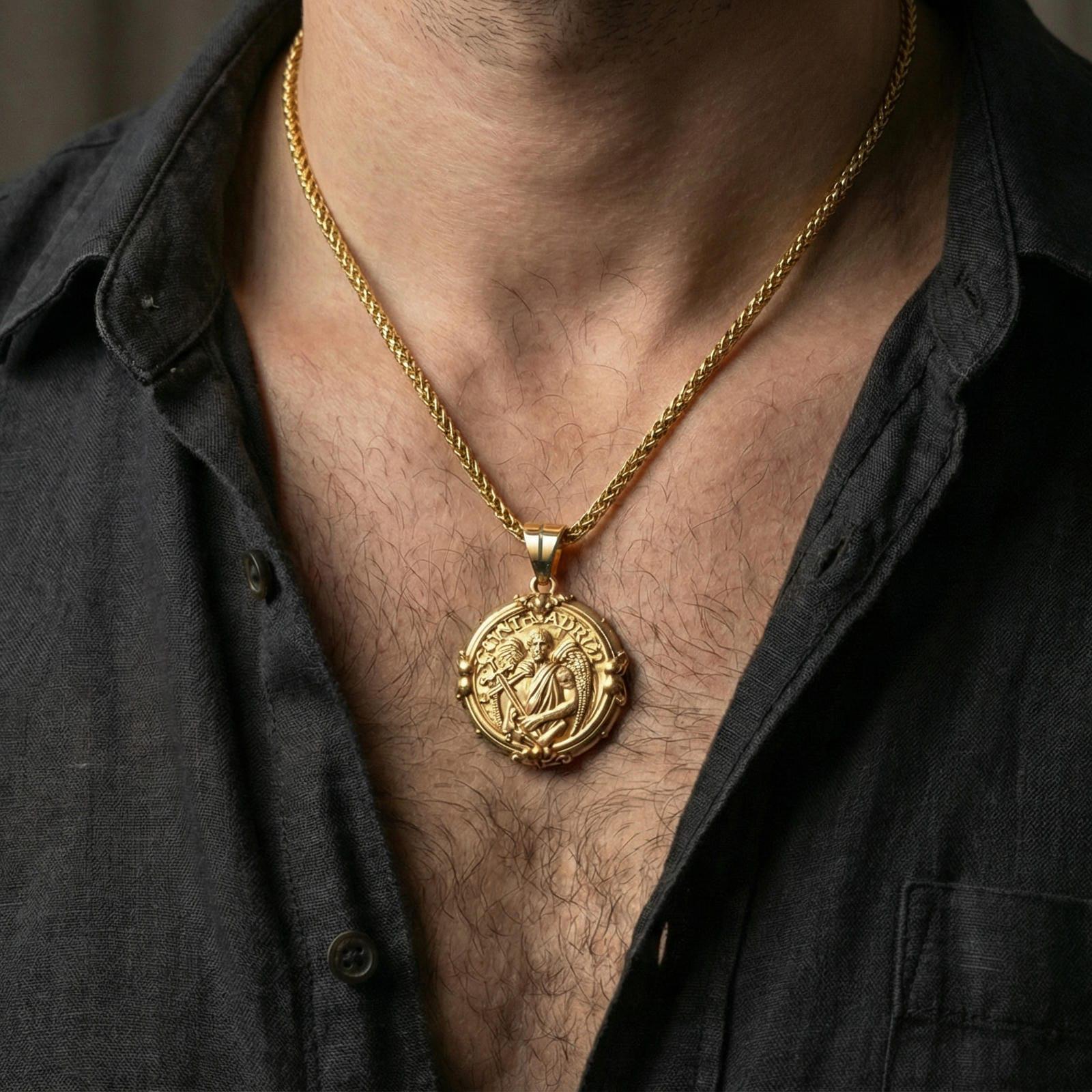 Gold plated Saint Gabriel pendant necklace worn on neck, premium lifestyle composition, angel messenger design with cross element