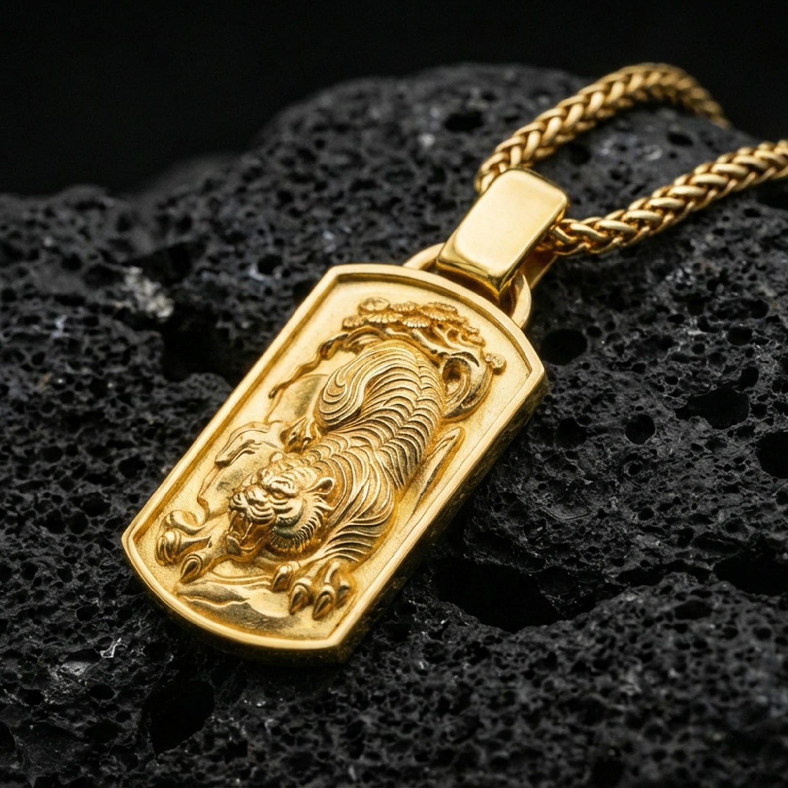 Gold plated Chinese tiger tag pendant on porous volcanic rock backdrop, bold roaring tiger design with detailed linework, high-contrast lighting