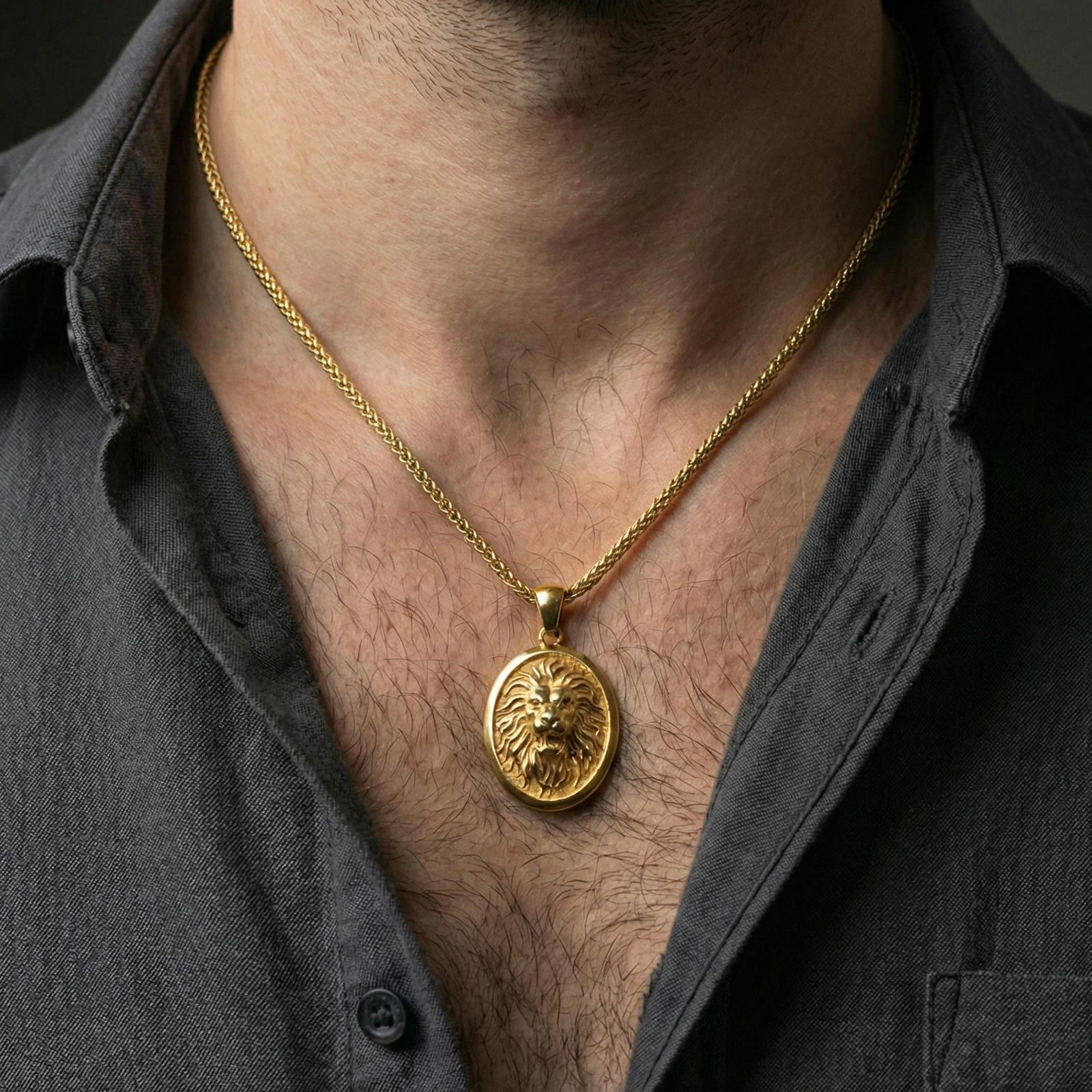 Gold plated roaring lion pendant necklace worn on neck, premium lifestyle composition, oval medallion with sculpted lion centerpiece