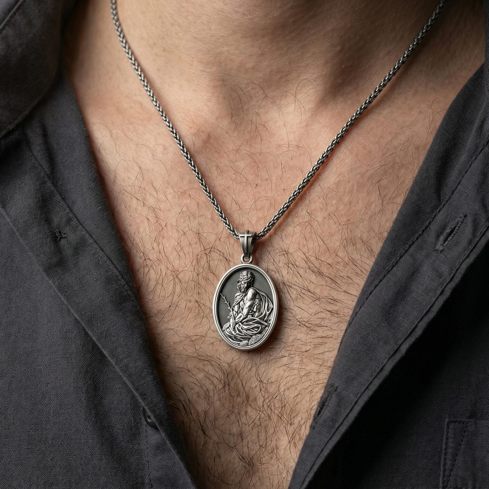 Oxidized sterling silver Jesus Christ medal worn on neck on a braided chain, centered chest framing, moody lifestyle studio shot