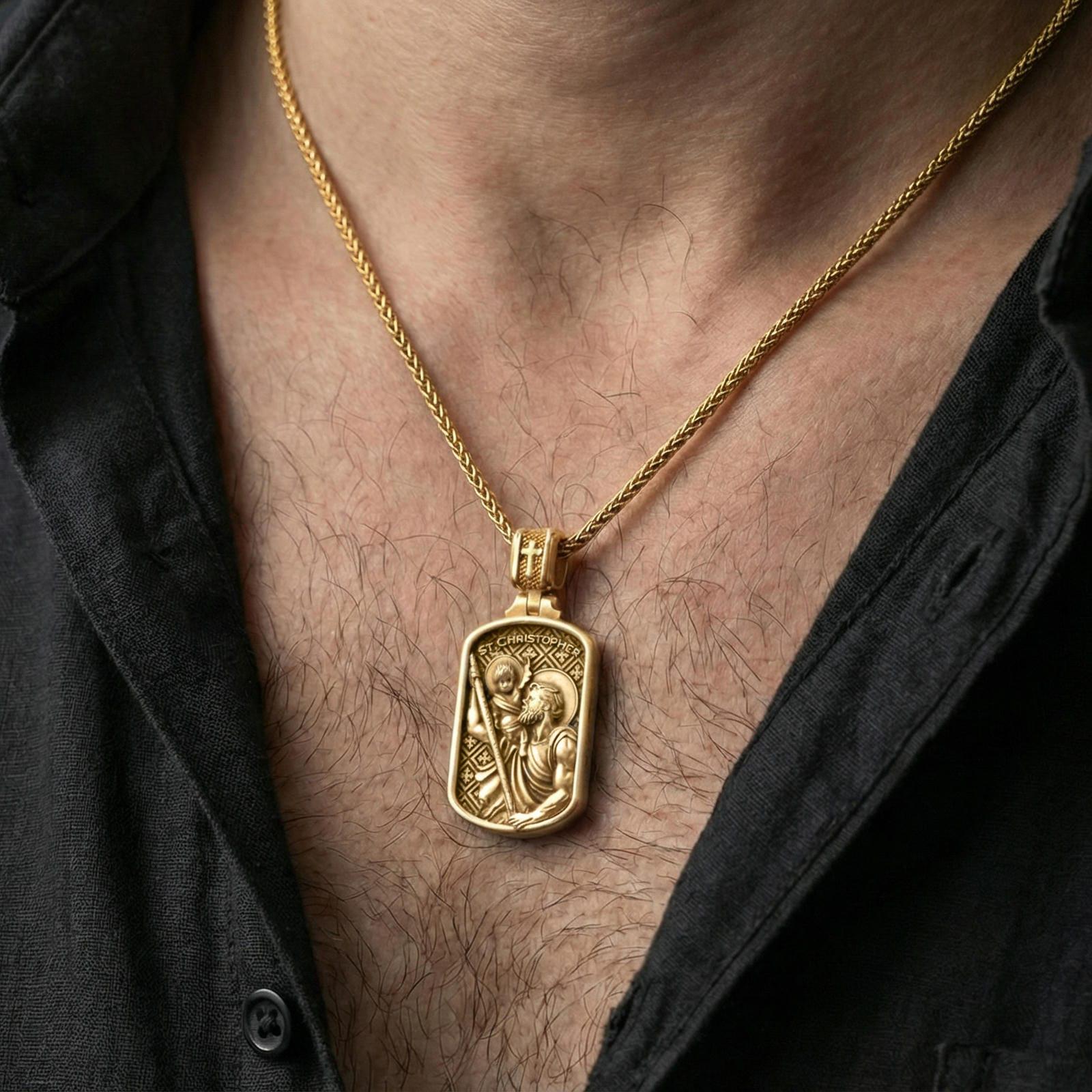 Gold plated Saint Christopher pendant necklace worn on neck, premium lifestyle composition, rectangular devotional medal centerpiece