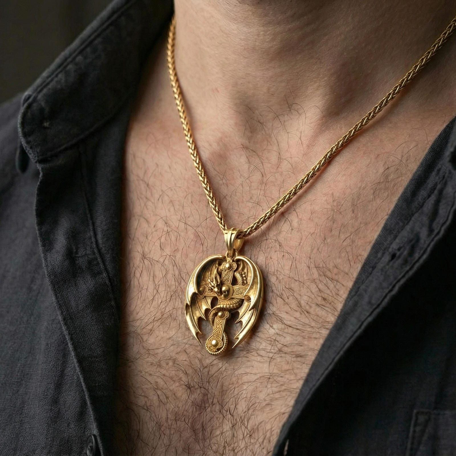 Gold plated dragon cross pendant necklace worn on neck, premium lifestyle composition, gothic medieval cross centerpiece with dragon wrap