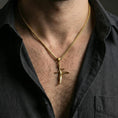 Load image into Gallery viewer, Gold plated black knife charm necklace worn on neck, Elden Ring inspired dagger pendant centered on chest, premium lifestyle framing
