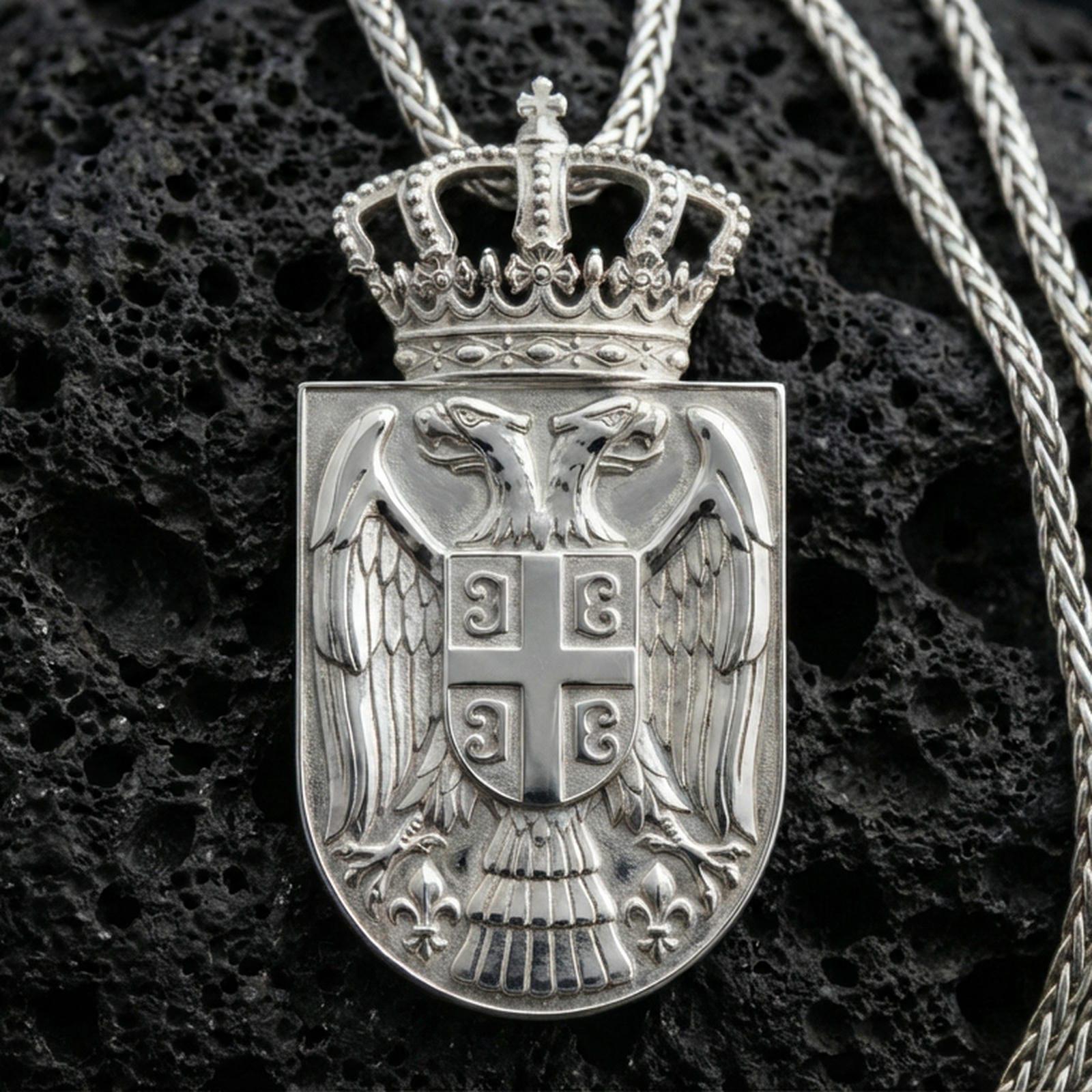 Polished silver Serbia coat of arms pendant on volcanic rock, crisp double eagle crest with national shield detail