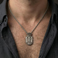 Load image into Gallery viewer, Oxidized Republic of Serbia coat of arms pendant worn on neck, bold double headed eagle crest statement necklace
