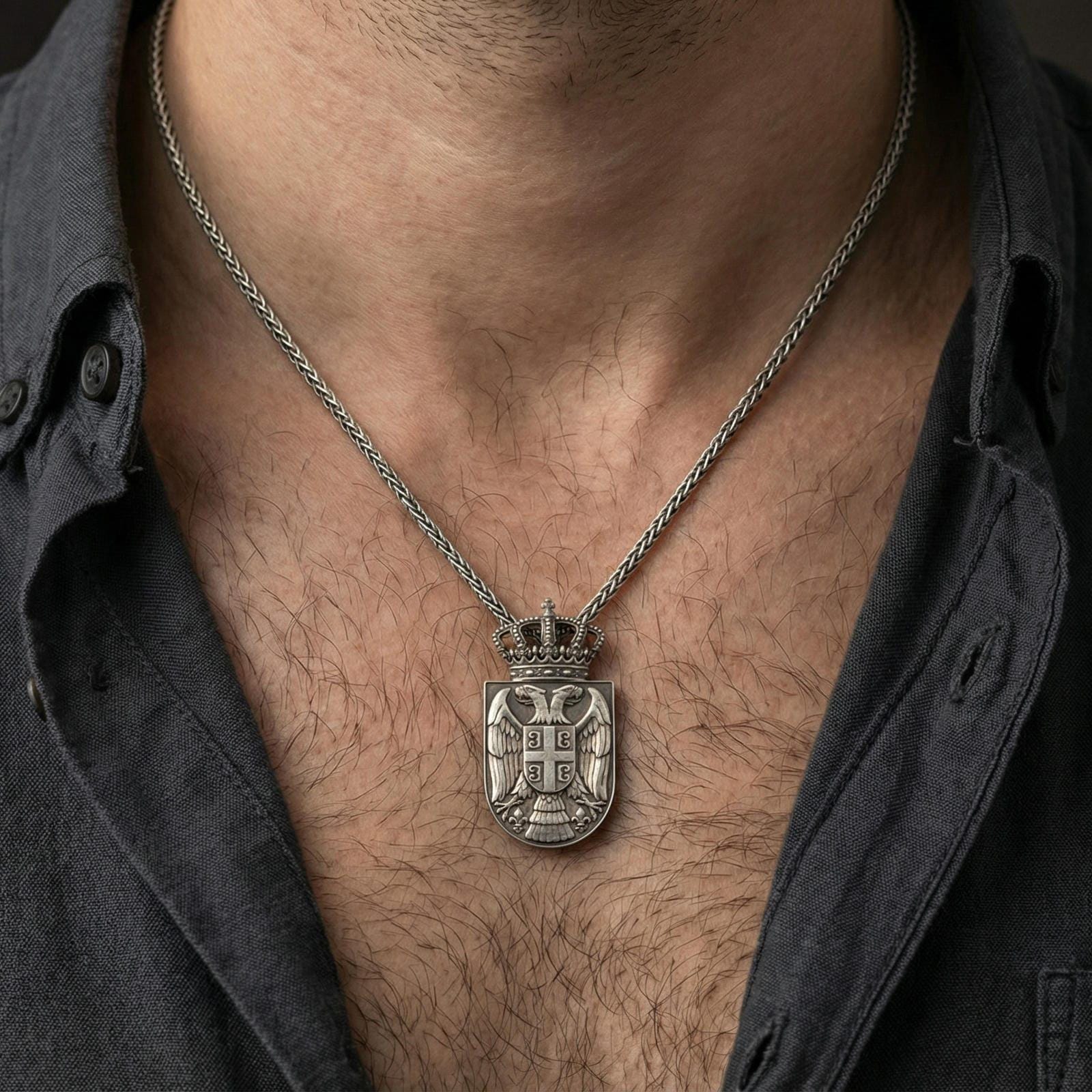 Oxidized Republic of Serbia coat of arms pendant worn on neck, bold double headed eagle crest statement necklace