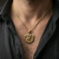 Load image into Gallery viewer, Gold plated dragon pendant worn on neck, statement medieval talisman necklace for dark fantasy look

