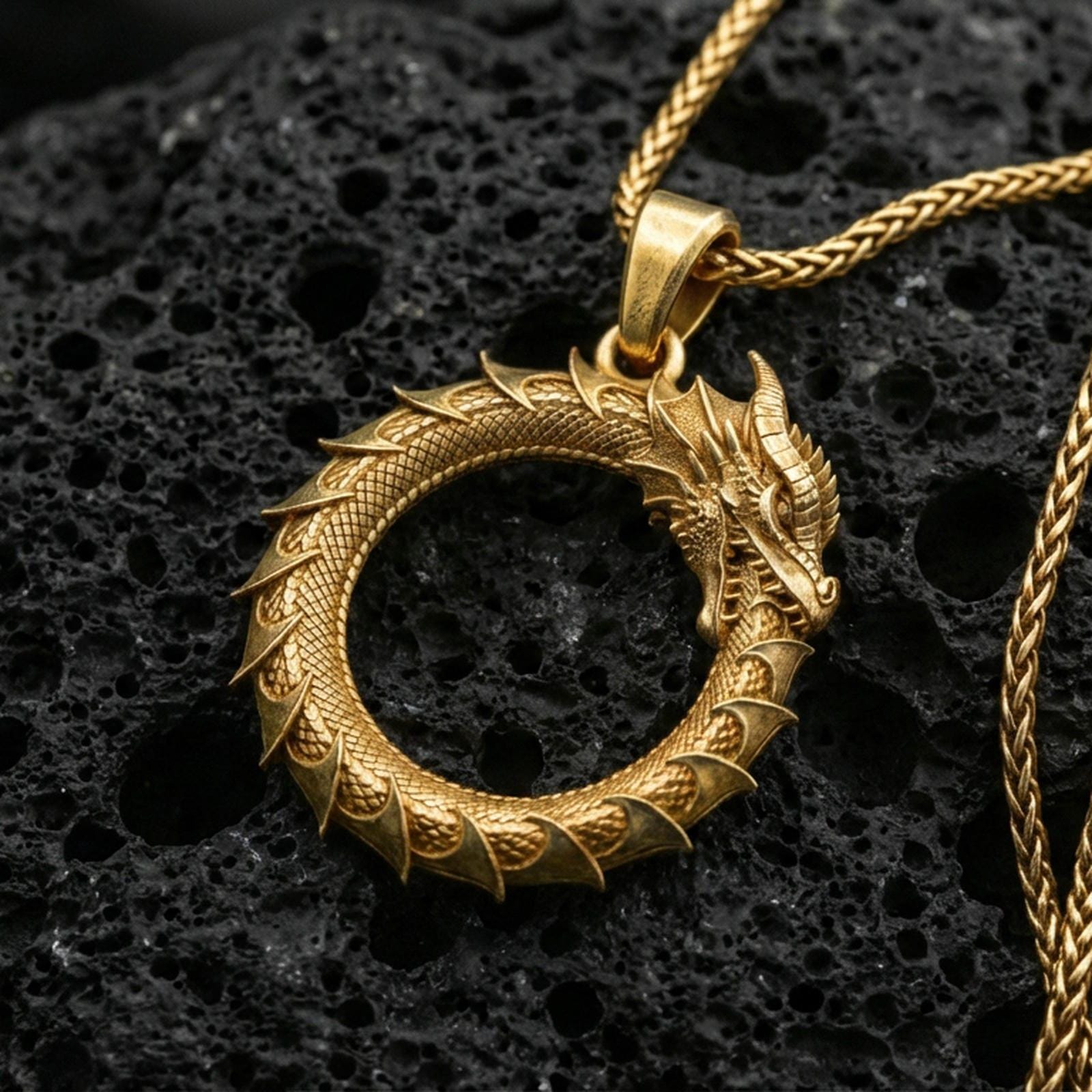 Gold plated ouroboros dragon necklace on dark volcanic rock, cosmic eternity symbol pendant, premium macro lighting