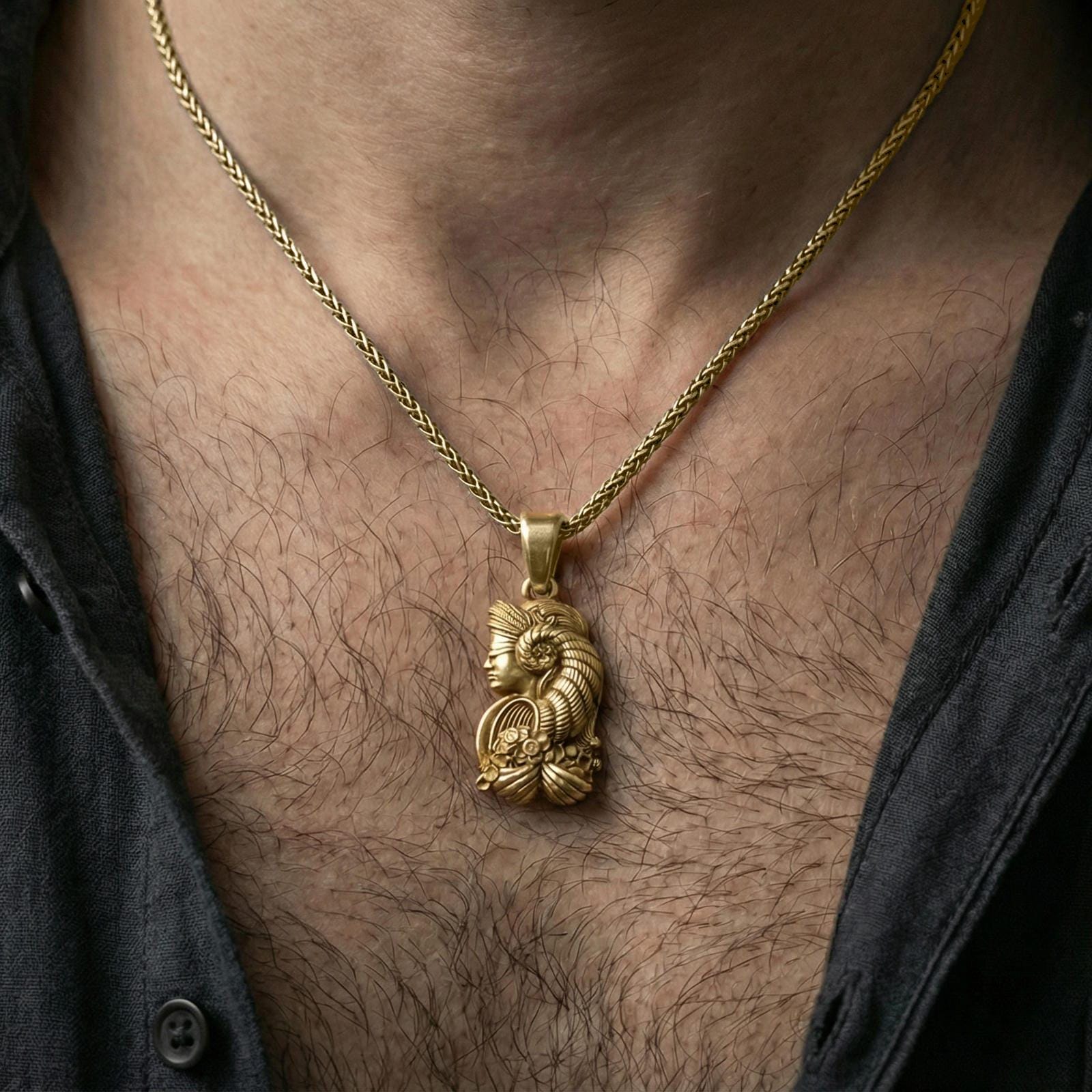 Gold plated Fortuna goddess pendant worn on neck, Roman fortune necklace gift, premium lifestyle crop