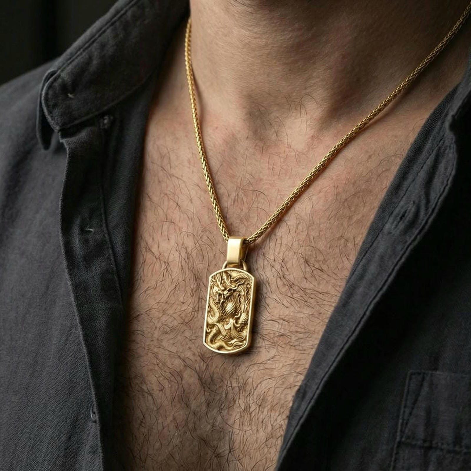 Gold plated dragon and phoenix pendant worn on neck, yin yang charm necklace gift, premium lifestyle framing
