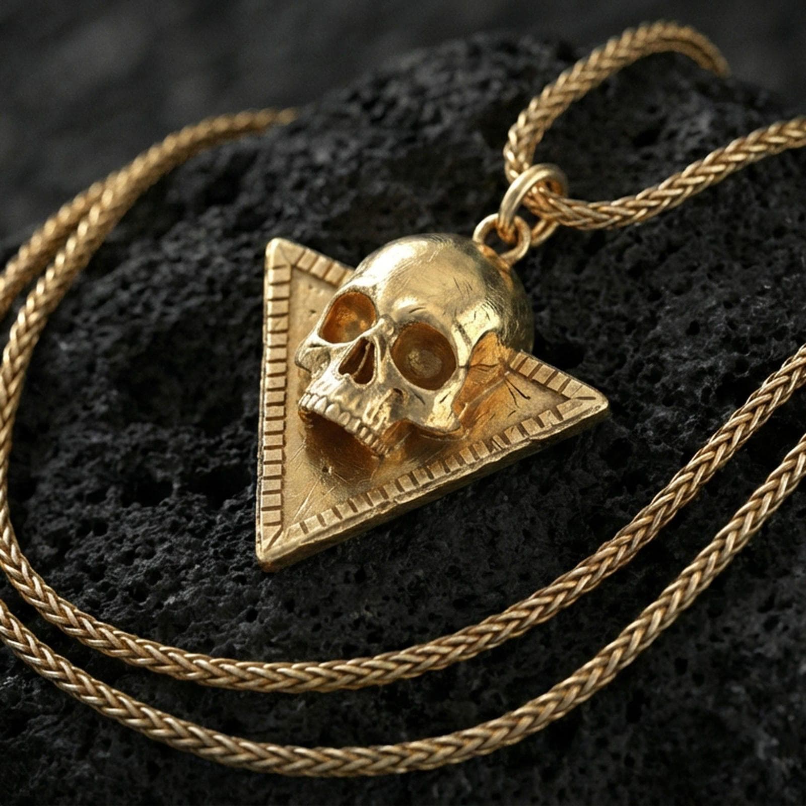 Gold plated Absolute’s talisman skull pendant on dark volcanic rock, Baldur’s Gate 3 fan necklace, sharp macro detail
