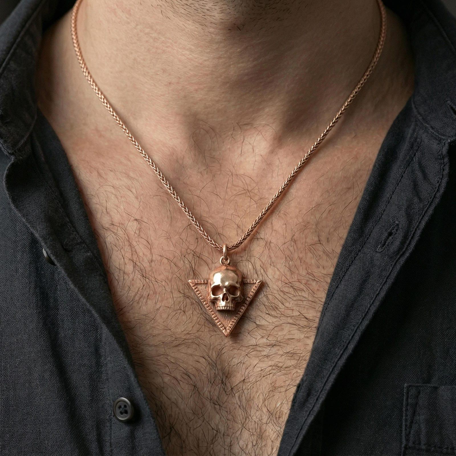 Rose gold plated Absolute’s talisman skull necklace worn on neck, BG3 inspired pendant, elegant lifestyle photo