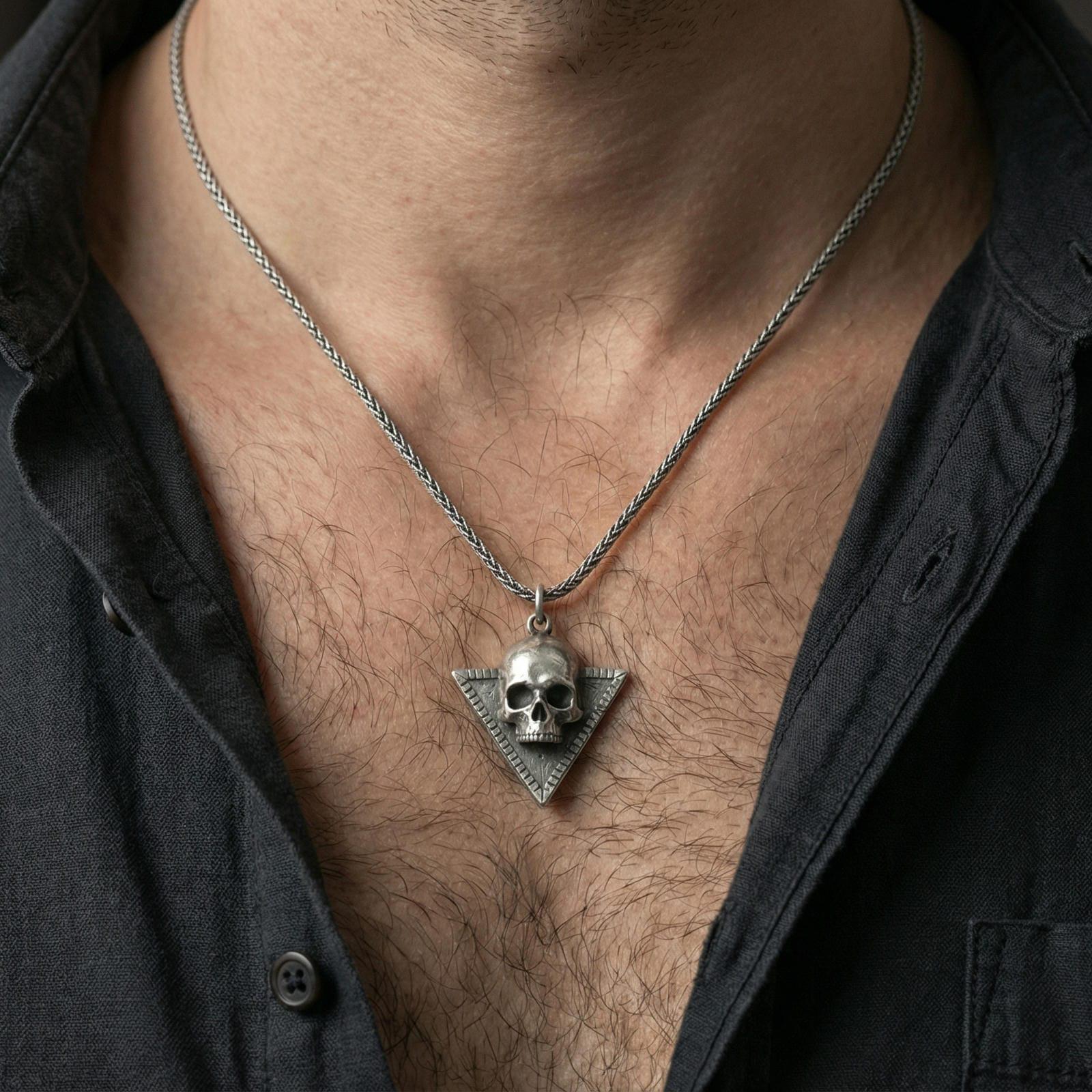 Oxidized sterling silver Absolute’s talisman skull pendant worn on neck, Baldur’s Gate 3 inspired amulet, lifestyle crop