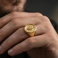 Load image into Gallery viewer, Gold plated Virgin Mary signet ring worn on finger, Catholic devotional jewelry gift, premium lifestyle framing
