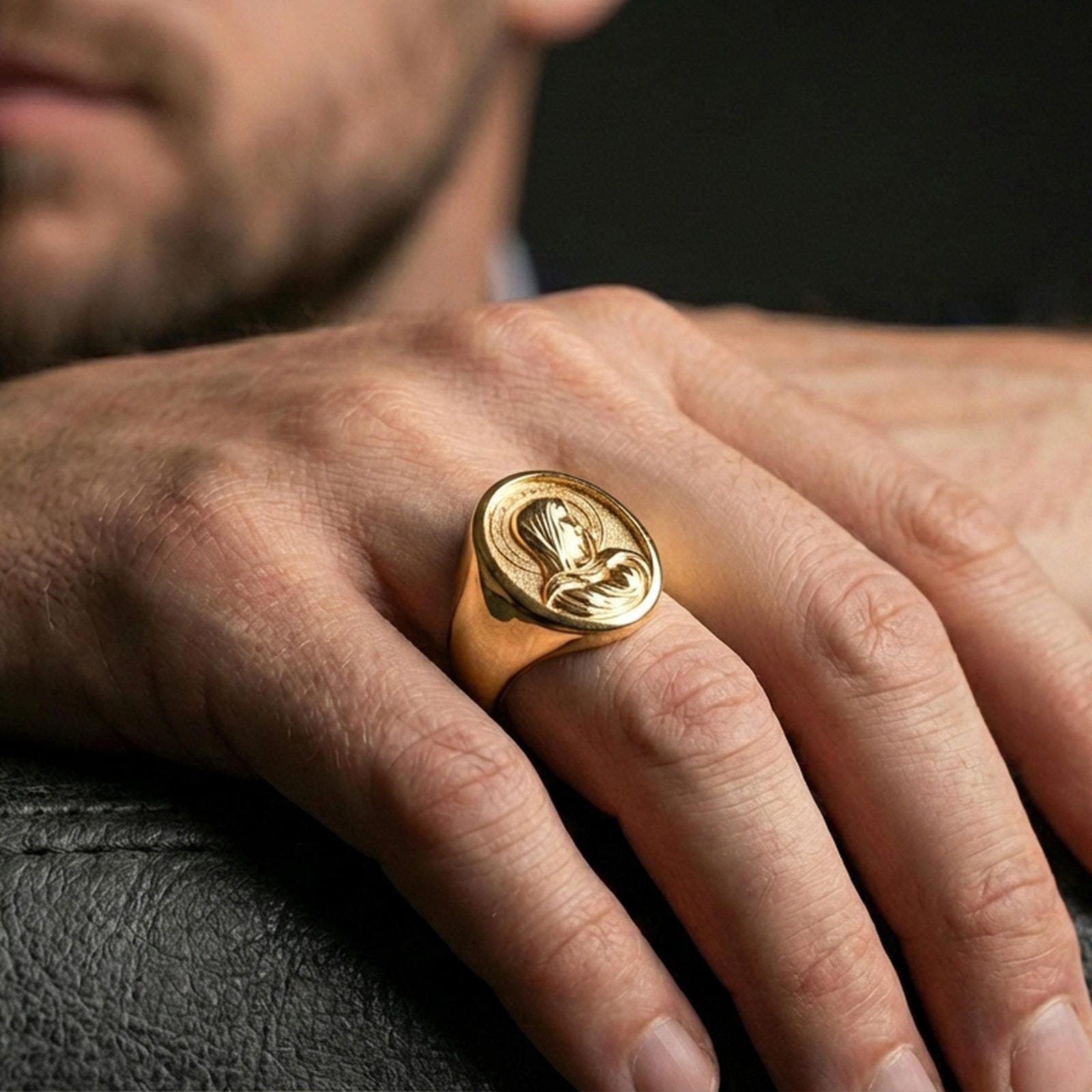 Gold plated Virgin Mary signet ring worn on finger, Catholic devotional ring gift, premium lifestyle framing
