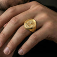 Load image into Gallery viewer, Gold plated Our Lady of Guadalupe signet ring worn on finger, Catholic gift ring for men or women, premium lifestyle shot
