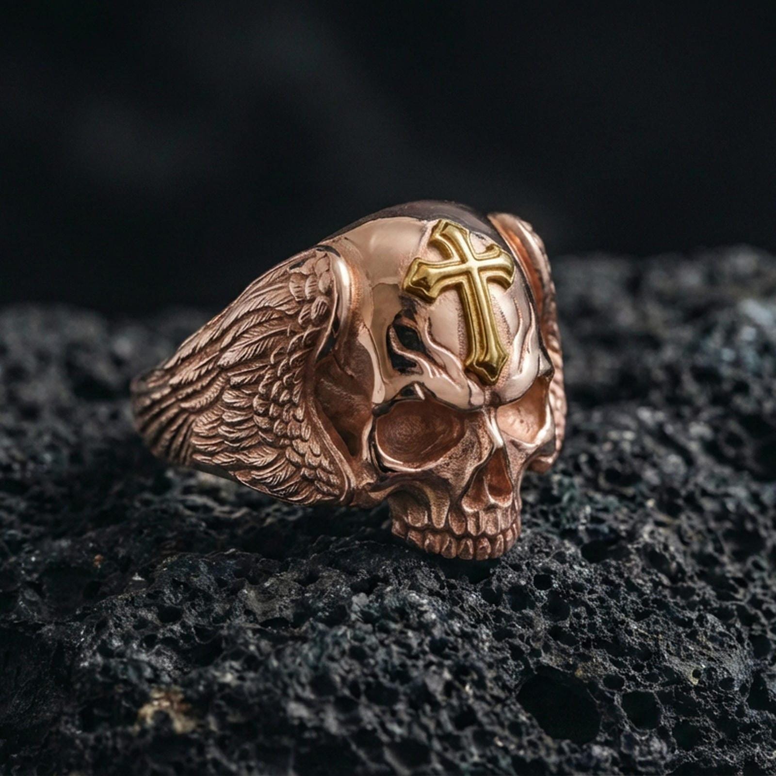 Rose gold plated skull ring with cross on volcanic stone, winged skull design, gothic Christian ring, sharp detail