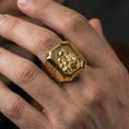 Load image into Gallery viewer, Gold plated St Joseph signet ring worn on finger, Catholic religious mens ring, saint Joseph protection gift close-up
