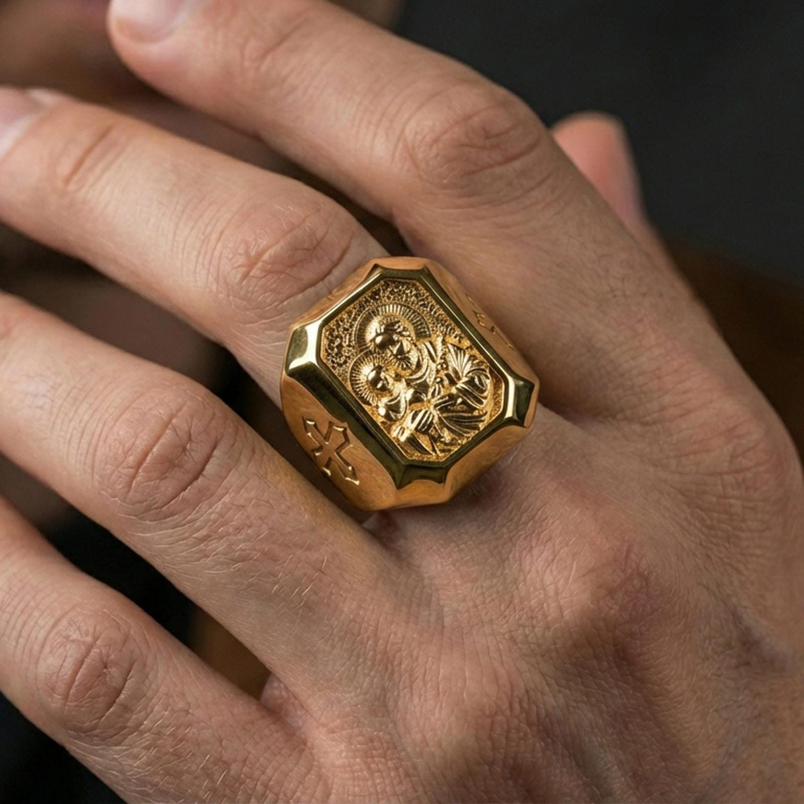 Gold plated St Joseph signet ring worn on finger, Catholic religious mens ring, saint Joseph protection gift close-up