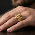 Load image into Gallery viewer, Gold plated Jesus Christ ring worn on finger, Christian mens ring with cross detail, devotional jewelry gift for him
