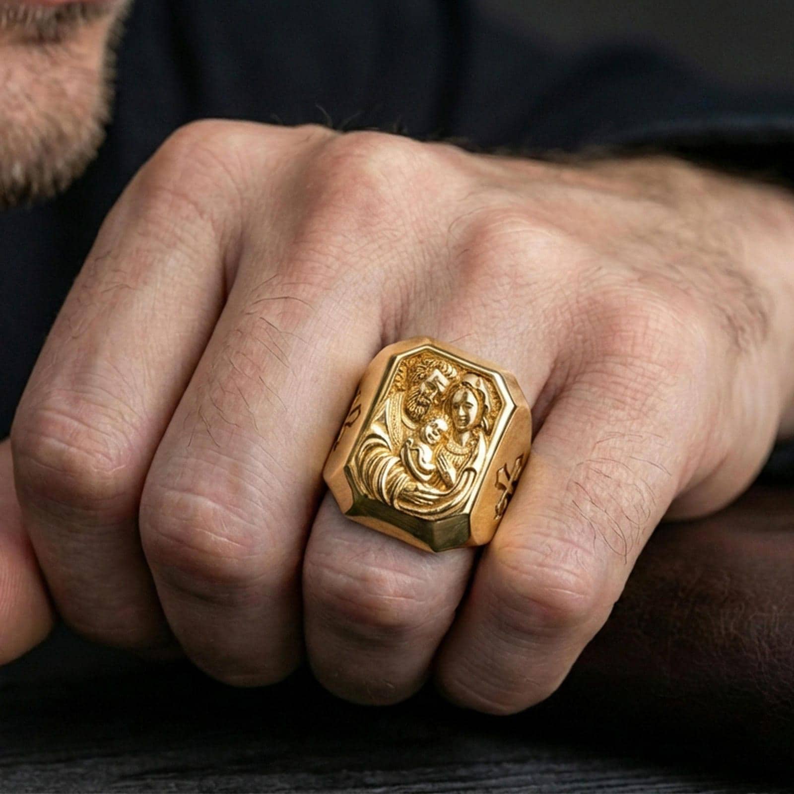 Gold plated Holy Family ring worn on finger, Christian signet ring with cross side motif, Catholic gift for him