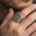 Load image into Gallery viewer, Oxidized sterling silver Saint Michael ring worn on finger, archangel warrior signet, Knights Templar cross side view

