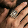 Load image into Gallery viewer, Polished silver St John the Baptist signet ring worn on finger, halo portrait relief, devotional jewelry gift
