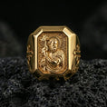 Load image into Gallery viewer, Gold plated St John the Baptist signet ring on dark volcanic rock, saint medal face, cross side engraving
