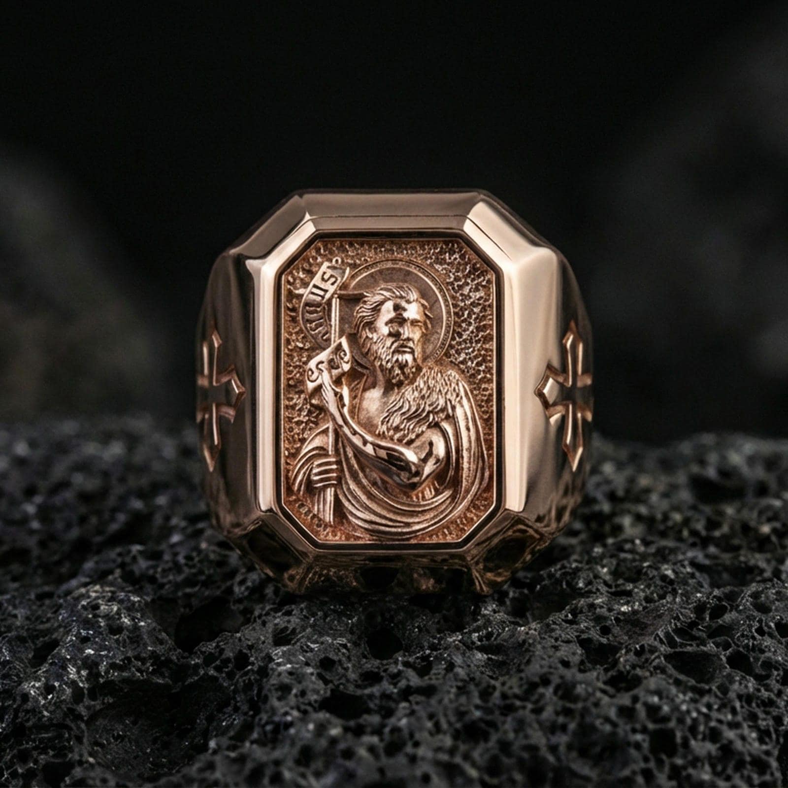 Rose gold plated St John the Baptist ring on volcanic stone, Christian saint relief signet, vintage inspired style