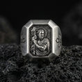 Load image into Gallery viewer, Oxidized sterling silver St John the Baptist signet ring on volcanic rock, saint relief engraving, cross side detail
