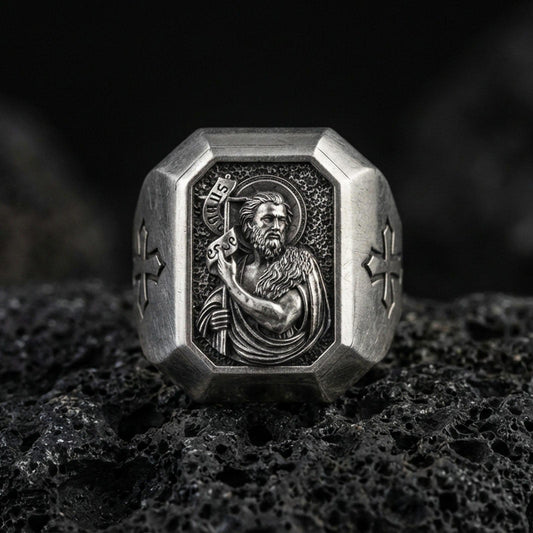 Oxidized sterling silver St John the Baptist signet ring on volcanic rock, saint relief engraving, cross side detail