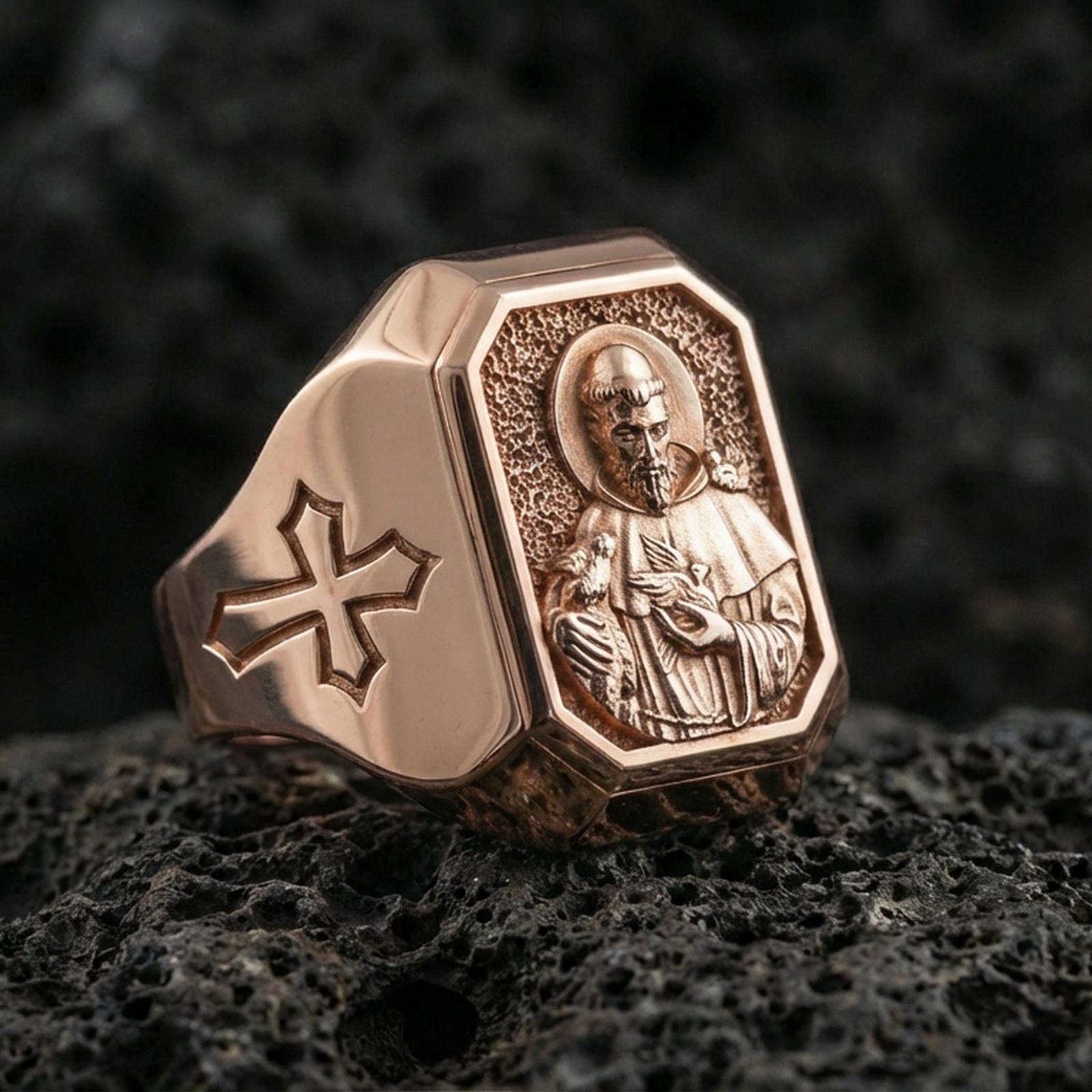 Rose gold plated St Francis ring on volcanic stone, saint relief signet, religious jewelry gift
