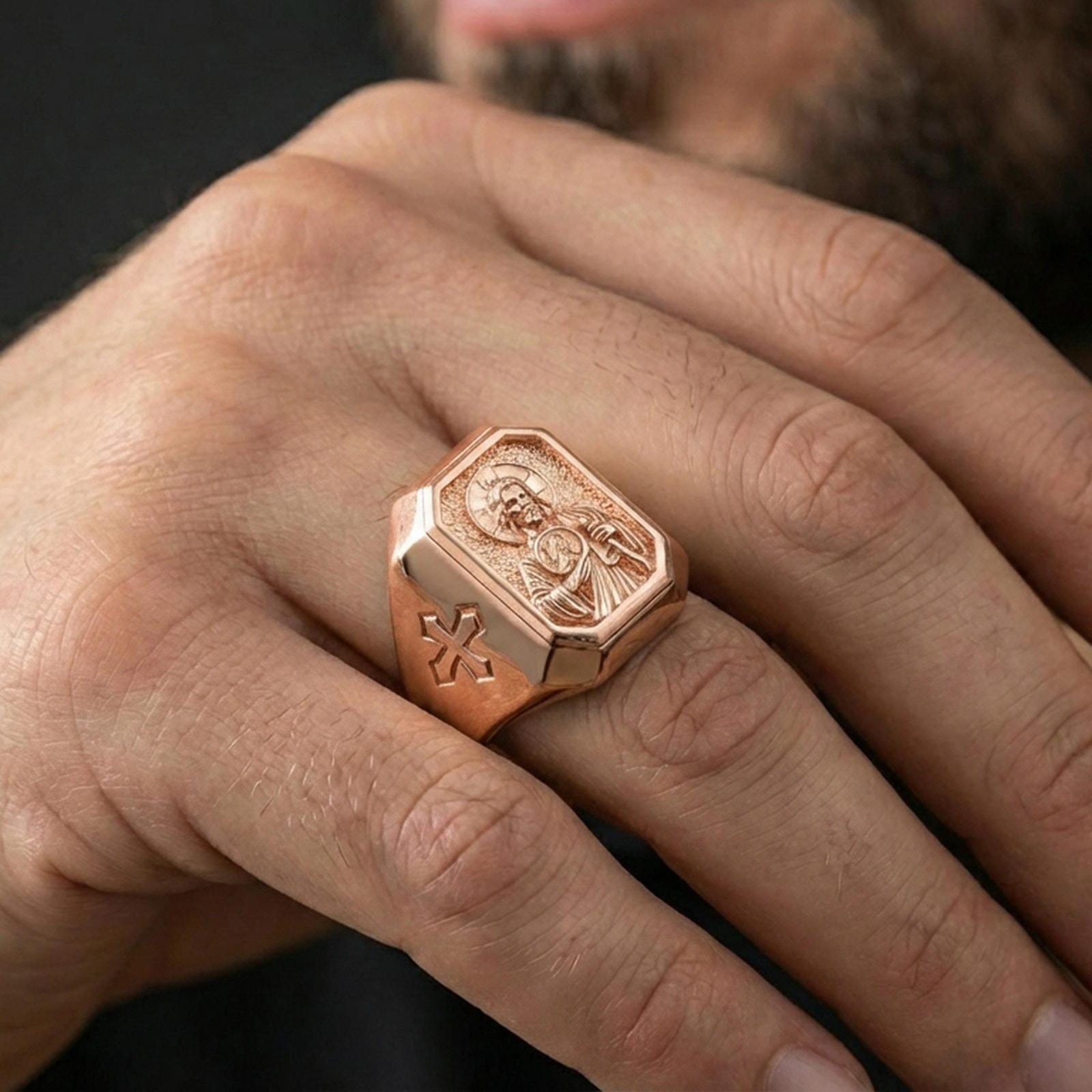 Rose gold plated St Jude signet ring worn on finger, religious saint portrait, Catholic gift jewelry
