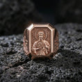 Load image into Gallery viewer, Rose gold plated St Jude ring on volcanic stone, saint relief signet, religious jewelry gift
