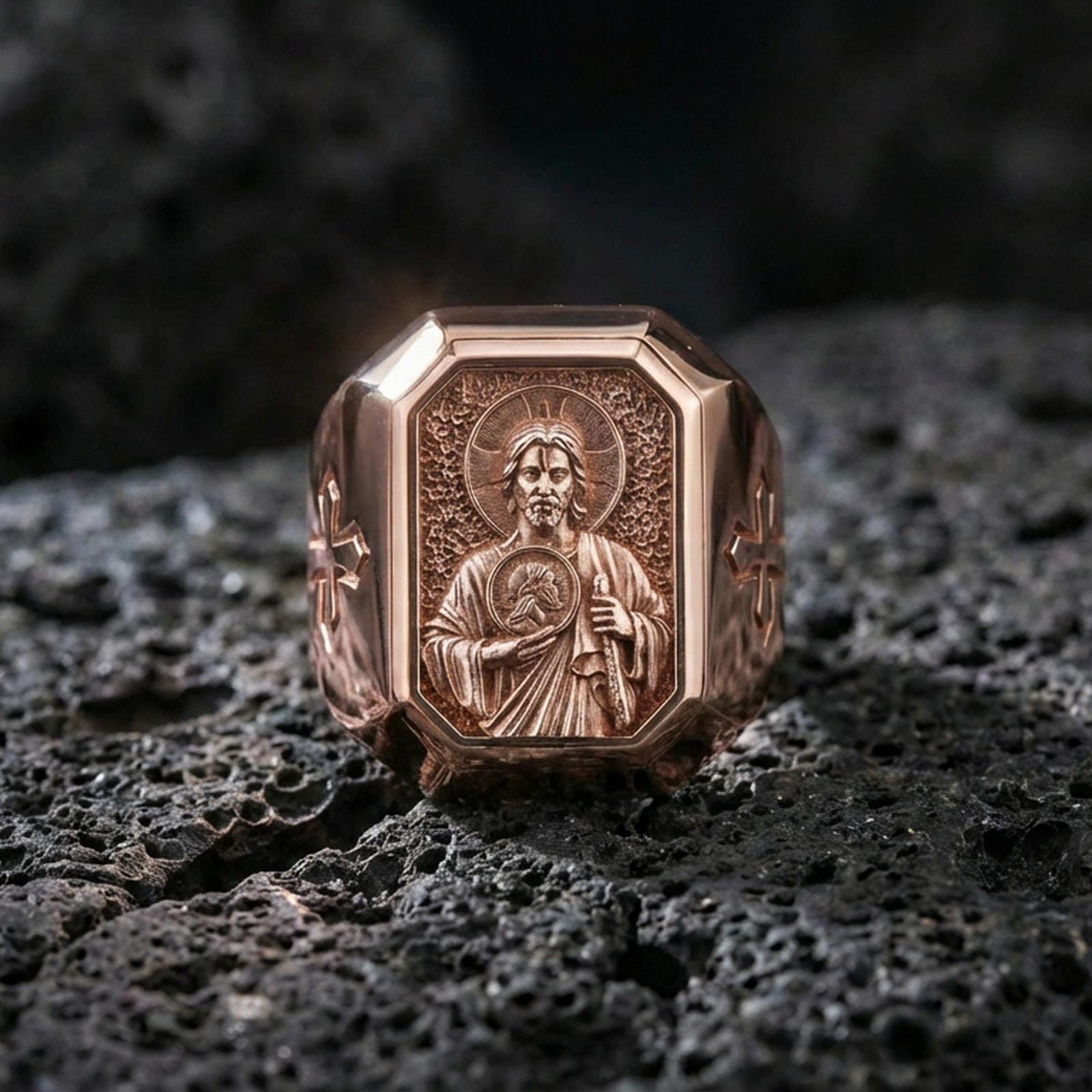 Rose gold plated St Jude ring on volcanic stone, saint relief signet, religious jewelry gift