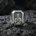 Load image into Gallery viewer, Polished silver St Jude ring on porous volcanic stone, detailed halo relief, Christian signet style
