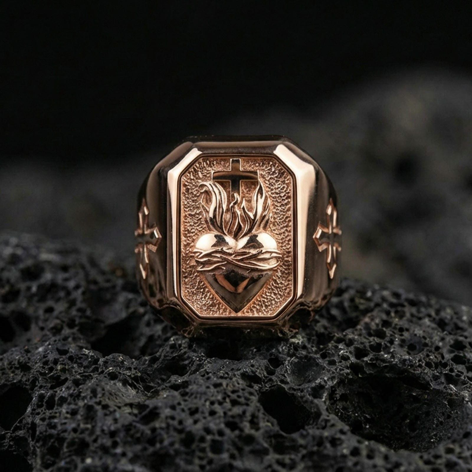Rose gold plated cross heart signet ring on volcanic stone, sacred heart flame emblem, Christian gift
