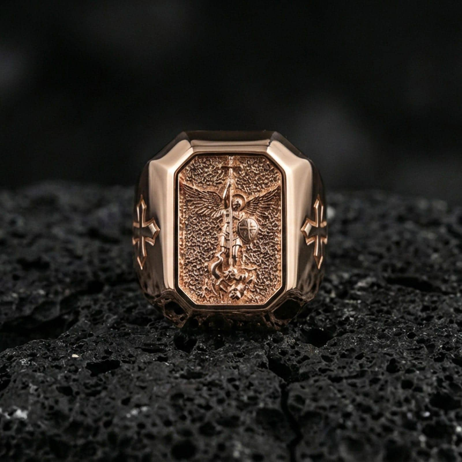 Rose gold plated St Michael archangel signet ring on volcanic stone, angel protector relief, religious statement ring